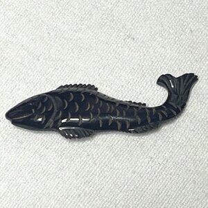 VTG Carp Fish Koi Brown Obsidian Glass Hand Carved Brooch Pin 3"x1"